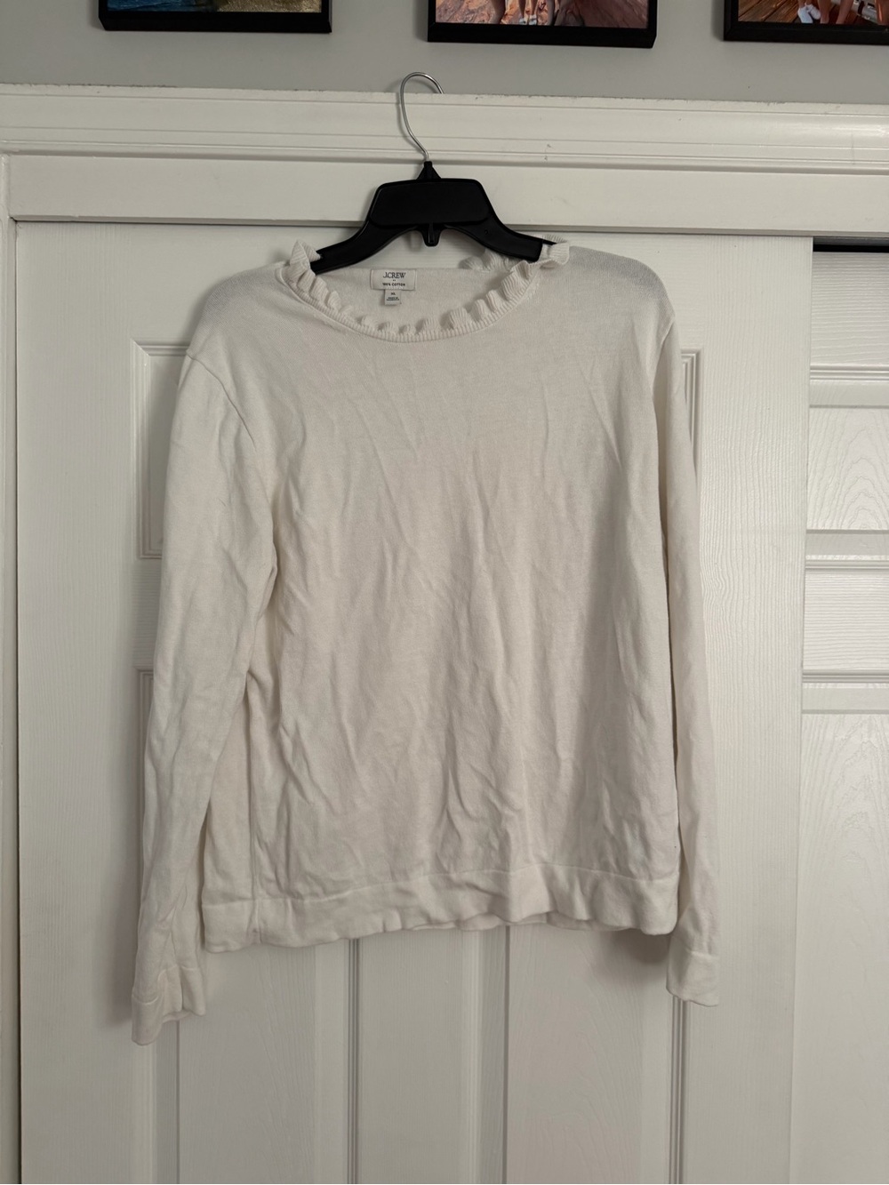 J. Crew White Ruffle Neck Long Sleeve Sweater